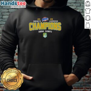 Premium NCAA Siena Saints 2026 MAAC Men's Lacrosse Tournament Champions hoodie in navy blue with team logo.