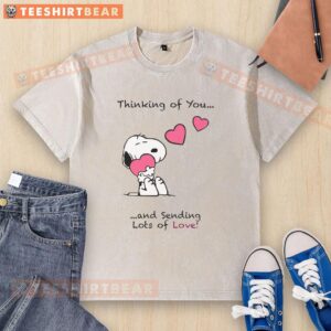 Adorable washed t-shirt with 'Thinking of You and Sending Lots of Love' print, perfect for expressing affection.