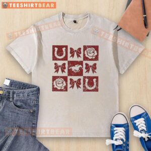 Top Greatest Race Horse Racing graphic on a washed t-shirt featuring horseshoe and bow rose icons.
