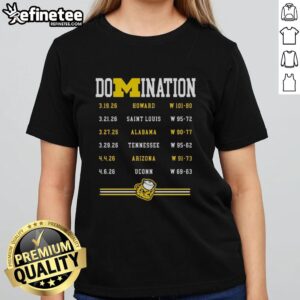 Premium Michigan Wolverines Men's Basketball Champions 2025-2026 Domination Ladies Tee featuring team logo and colors.
