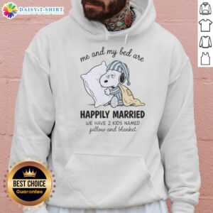 Cozy hoodie featuring 'Good Me and My Bed Are Snoopy Happily Married' design, with kids Pillow and Blanket illustration.