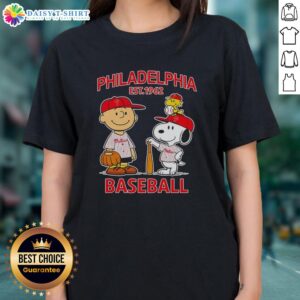 Pretty Charlie Brown and Snoopy X Philadelphia Phillies Basketball Est. 1962 Ladies Tee featuring iconic cartoon design.