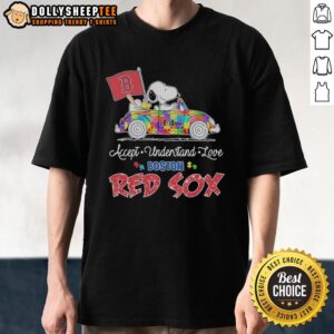 Awesome Snoopy and Woodstock driving car on Boston Red Sox T-Shirt promoting autism acceptance, understanding, and love.