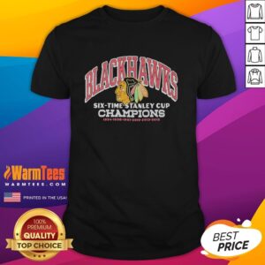 Good Chicago Blackhawks Six Time Stanley Cup Champions 2015 T-Shirt featuring team logo and championship graphics.
