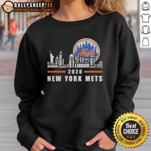Hot New York Mets baseball sweatshirt featuring skyline word art and player names for 2026 season.