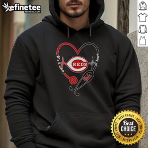 Alt Text: Cincinnati Reds heart and soul hoodie with stethoscope and heartbeat design, perfect for fans and healthcare workers.
