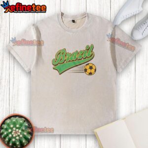Alt Text: Original Brazil Sports Text World Cup Football Washed T-Shirt featuring vibrant colors and iconic football graphics.
