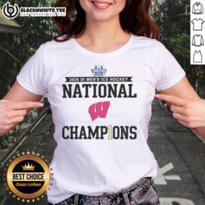 2026 Wisconsin Badgers men's ice hockey Frozen Four champions ladies tee featuring team colors and logo.