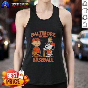 Alt Text: Charlie Brown, Snoopy, and Woodstock wearing Baltimore Orioles baseball jersey on a stylish tank top, est. 1894.