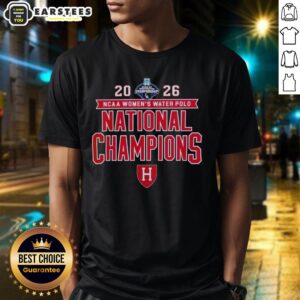 Harvard Crimson victory t-shirt celebrating the 2026 NCAA Women's Water Polo National Champs in vibrant colors.