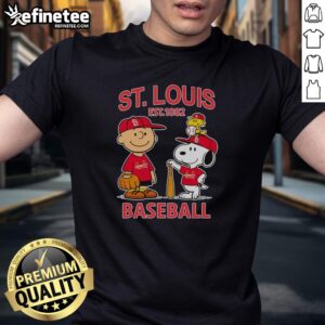 Alt Text: Awesome Charlie Brown, Snoopy, and Woodstock in St. Louis Cardinals baseball jersey t-shirt, est 1882.