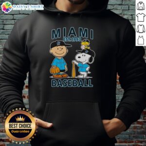 Alt Text: Charlie Brown, Snoopy, and Woodstock wearing Miami Marlins baseball jersey hoodie, established 1993.