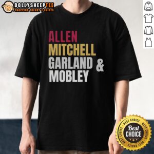 Nice Cleveland Cavaliers Basketball Starting Four T-Shirt featuring Allen, Mitchell, Garland, and Mobley in vibrant design.