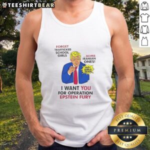 Alt Text: Top Trump I Want You for Operation Epstein Fury graphic on a tank top, featuring bold text and striking imagery.