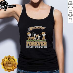 Cute Peanuts characters in Anaheim Ducks NHL tank top, celebrating fandom with 'Forever, Not Just When We Win' slogan.