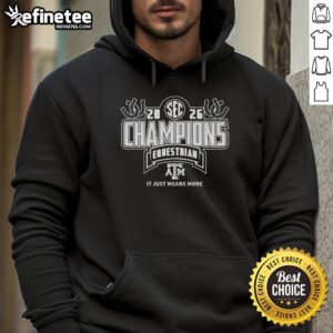 Alt Text: Texas A&M Aggies 2026 SEC Equestrian Champions hoodie in locker room, showcasing school spirit and athletic pride.