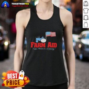 Alt Text: Premium Farm Aid tank top featuring a tractor logo and the American flag, promoting the Keep America Growing initiative.