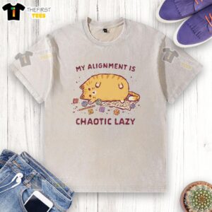 Chaotic lazy cat graphic on a washed t-shirt, perfect for cat lovers who embrace quirky style.
