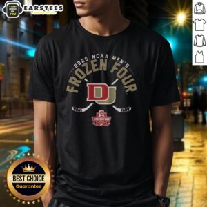 Good Denver Men's Hockey 2026 Frozen Four T-Shirt featuring team colors and logo, perfect for fans of collegiate hockey.