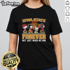 Top Peanuts X Iowa State Cyclones Forever Fan cartoon ladies tee featuring iconic characters and team spirit design.