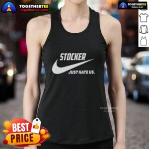 Nice Stocker Just Hate Us parody logo tank top featuring a fun and bold design perfect for casual wear.