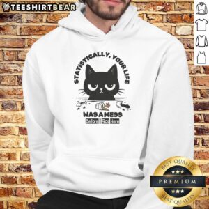 Funny 'Statistically Your Life Was A Mess Before I Got Here' Cat Hoodie featuring a playful cat design, perfect for cat lovers.