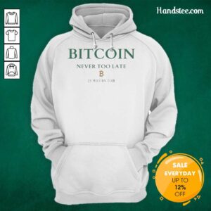 Original Bitcoin 'Never Too Late' 21 Million Club Hoodie in black, showcasing cryptocurrency pride and style.