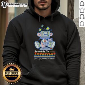 Alt Text: Top Raised By The Internet cartoon character in a hoodie, using an old computer, showcasing retro digital culture.