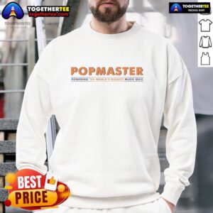 Alt Text: Good Popmaster sweatshirt promoting the world's biggest music quiz, featuring vibrant colors and stylish design.