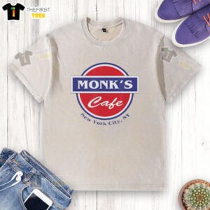 Top Monks Cafe in New York City NY logo on a stylish washed t-shirt, perfect for casual wear and coffee lovers.