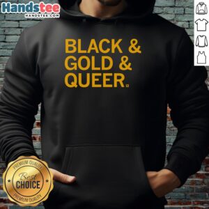 Official Black Gold Queer Hoodie featuring a stylish design for LGBTQ+ pride and inclusivity, perfect for casual wear.