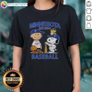 Alt Text: Charlie Brown, Snoopy, and Woodstock in Minnesota Twins baseball jersey 'Est. 1894' on a ladies tee shirt.