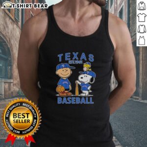 Charlie Brown, Snoopy, and Woodstock in a Texas Rangers baseball jersey tank top, est. 1961, showcasing playful baseball spirit.