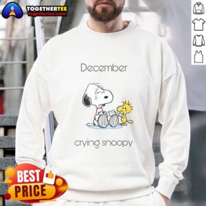 Alt Text: Cozy Pretty December Crying Snoopy Woodstock Sweatshirt featuring cute cartoon characters in winter attire.