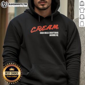 Good Cream Cash Rules Everything Around Me hoodie featuring bold text design on a stylish black background.
