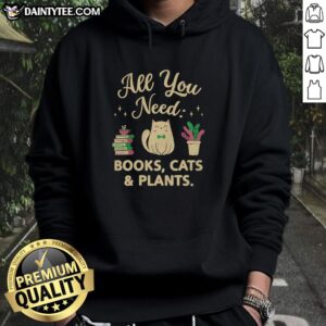 Cozy hoodie featuring 'All You Need: Books, Cats, Plants' design, ideal for book lovers and cat enthusiasts.