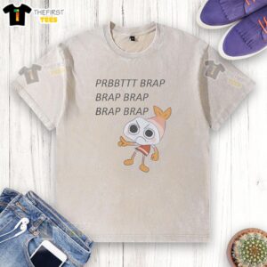 Pretty Shrimpo Brap Brap Brap Washed T-Shirt featuring a vibrant shrimp graphic and playful typography.