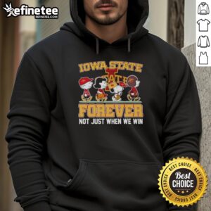 Cartoon characters on a hoodie featuring 'Top Peanuts X Iowa State Cyclones Forever Fan' design for loyal sports fans.