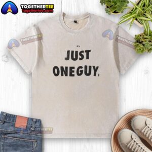 Awesome It's Just One Guy Washed T-Shirt displayed on a hanger, featuring a vibrant design and soft fabric texture.