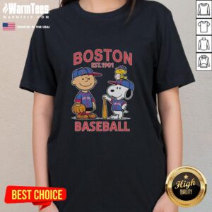 Cute Charlie Brown, Snoopy, and Woodstock in Boston Red Sox jersey, perfect for baseball fans and Peanuts lovers.