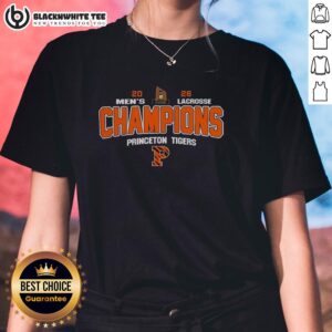 Alt Text: 2026 Ivy League Men's Lacrosse Tournament Champions Princeton Tigers ladies tee featuring team logo and design.