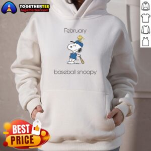 Original February Baseball Snoopy Woodstock hoodie featuring vibrant graphics of Snoopy and Woodstock on a cozy design.