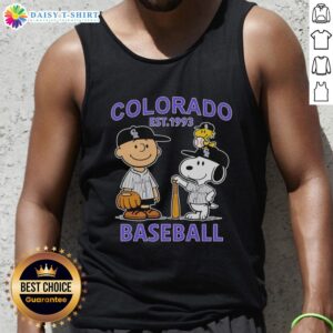 Alt Text: Charlie Brown, Snoopy, and Woodstock wearing a Colorado Rockies jersey on a stylish tank top, established 1993.
