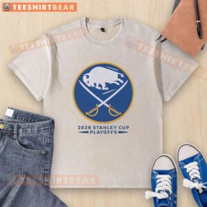 Official Buffalo Sabres Ice Hockey NHL Stanley Cup Playoffs big logo washed t-shirt in blue, perfect for fans.