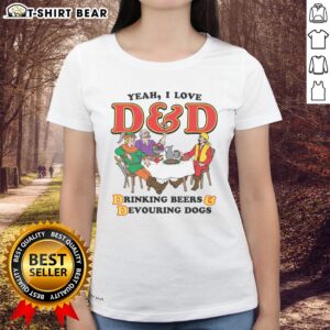 Original Yeah I Love DD Drinking Beers Devouring Dogs Ladies Tee featuring a fun graphic for dog lovers and beer enthusiasts.