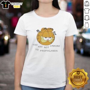 Premium Tabby Cat Head graphic on 'You Are Not Immune To Propaganda' Ladies Tee, stylish and playful design.