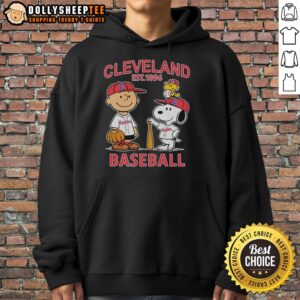Alt Text: Cute Charlie Brown, Snoopy, and Woodstock in Cleveland Guardians baseball jersey hoodie, est. 1896 design.