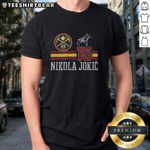 Top Nuggets Nikola Jokic signature jersey t-shirt featuring team colors and player graphics for basketball fans.