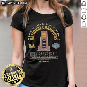 Alt Text: Official UCLA Bruins 2026 NCAA Women's Basketball National Champions trophy and Legends Ladies Tee displayed together.