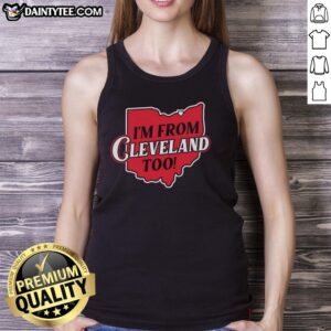 Retro map tank top featuring 'Good I'm From Cleveland Too' design, perfect for Cleveland pride and stylish summer outfits.
